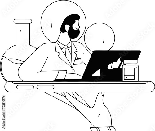 Dedicated scientist analyzing research data on laptop, surrounded by lab equipment and medication bottle, symbolizing scientific discovery and innovation in healthcare.