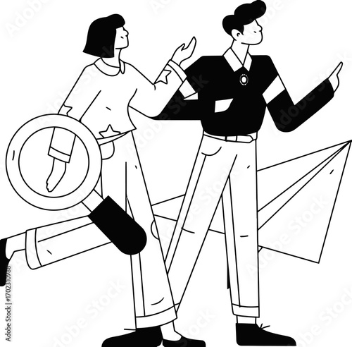 Dynamic duo collaborating with magnifying glass and arrow, symbolizing teamwork and insightful discovery for business success and modern solutions.