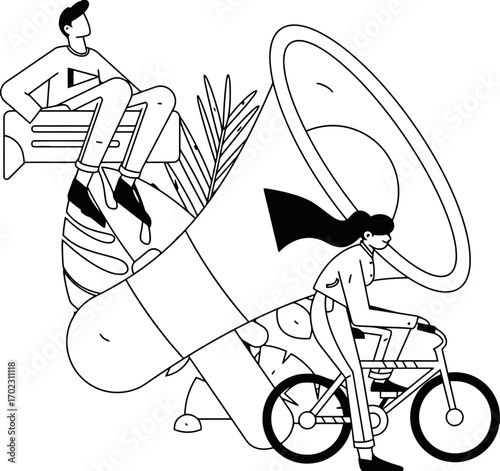 Dynamic duo amplifies message as woman cycles forward past giant megaphone, symbolizing active communication and business growth in modern marketing campaigns.