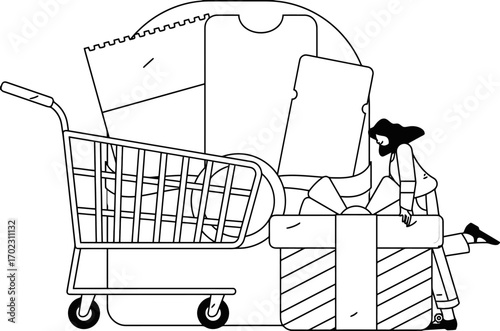 Excited shopper embraces holiday shopping spree with overflowing cart and giant gift ready for celebration and festive gifting moments.