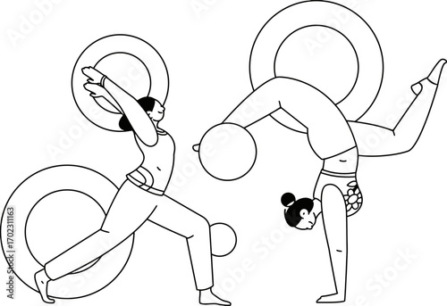 Dynamic duo embracing wellness with graceful yoga poses and flowing circular motifs symbolizing harmony and balanced movement