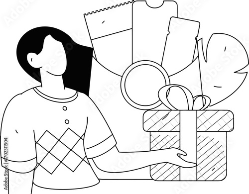 Joyful person receiving a beautifully wrapped gift box filled with exciting surprises like tickets and a phone, symbolizing celebration and rewards.