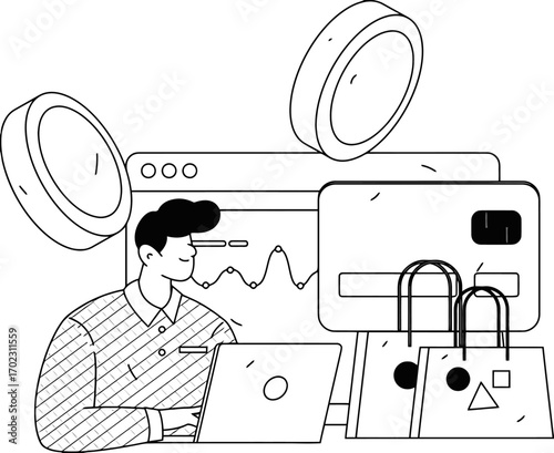 Confident entrepreneur skillfully analyzing financial data on laptop surrounded by shopping bags and credit cards symbolizing successful online commerce and smart investing strategies