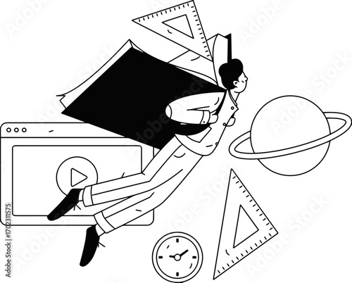 Dynamic student soaring through space with knowledge, embracing education, science, and digital learning opportunities with passion and ambition.