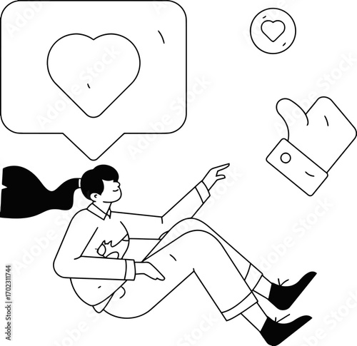 Woman reaching for social media likes and hearts symbolizing engagement and positive feedback in a modern digital world