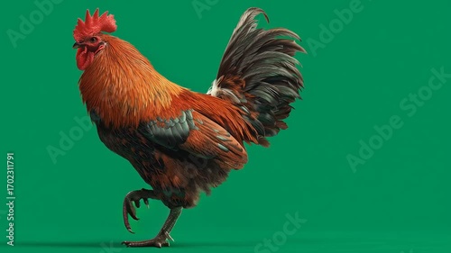 Rooster strutting proudly with detailed plumage against green background