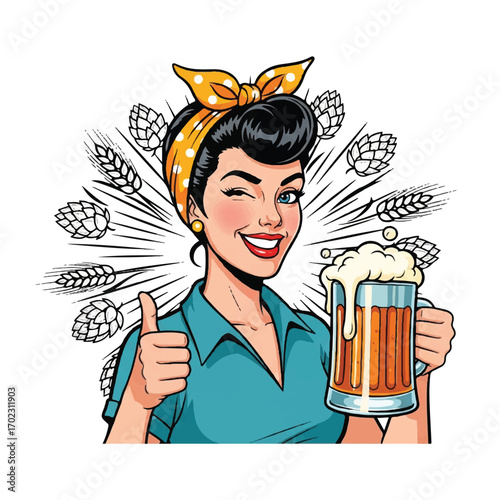 A retro-style illustration of a woman in a teal shirt and yellow bandana holding a frothy beer and giving a thumbs-up, with wheat and hops in the background.