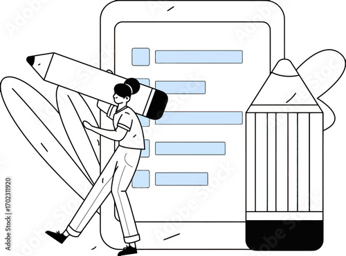 Creative professional crafting content with a giant pencil on a digital tablet screen illustrating ideas and planning projects with modern design elements