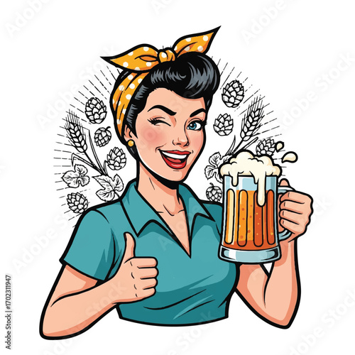 Retro pin-up style woman winking and giving a thumbs-up, holding a frothy beer mug with hops and wheat in the background.