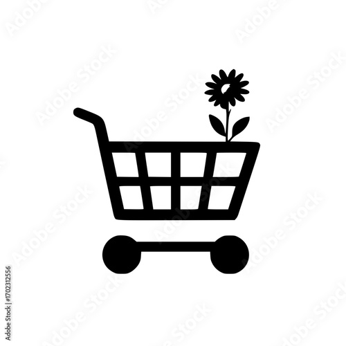 Flower icon in shopping cart representing online gardening store and ecommerce plant retail design