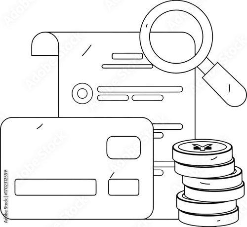 Analyze financial documents with a magnifying glass near credit cards and stacked coins, symbolizing auditing and investment strategy for business growth and smart money management.
