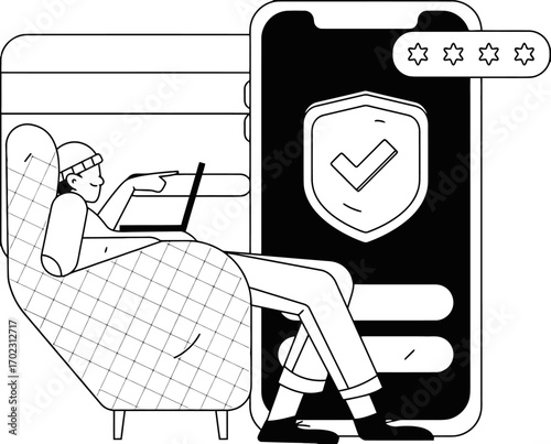Person comfortably using laptop on sofa with secure digital interface on phone screen, representing online safety and modern convenience for everyday users.