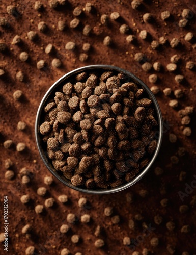 Top-down view of a metal bowl filled with dog food pellets on a textured brown surface