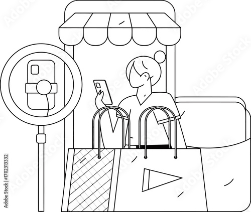 Modern entrepreneur skillfully navigates online retail success with smartphone, shopping bags, and ring light, embracing digital commerce trends for dynamic growth and brand building.