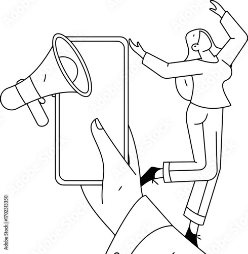 Excited person celebrates viral marketing success with a megaphone announcement via smartphone, capturing attention and driving engagement for modern campaigns and brand growth