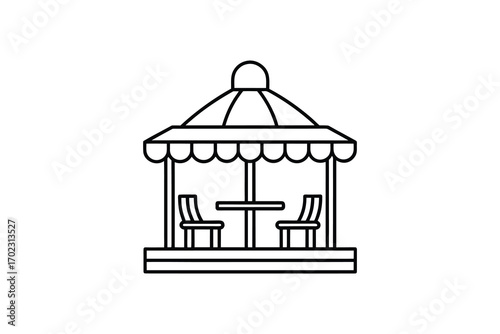 outdoor cafe scene with chairs tables umbrella silhouette