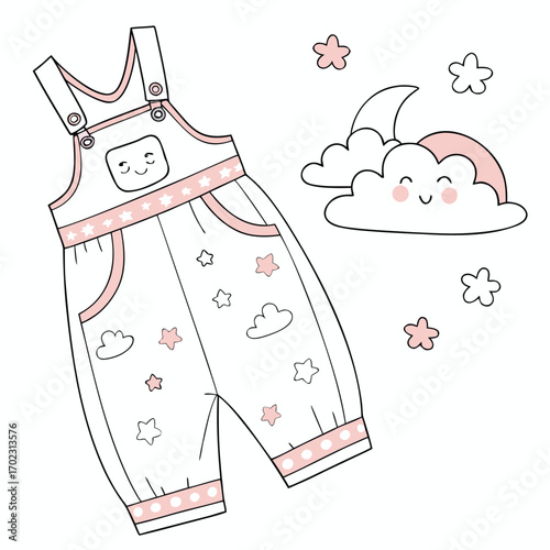 Charming soft pastel romper adorned with whimsical clouds and twinkling stars perfect for baby apparel and children s designs