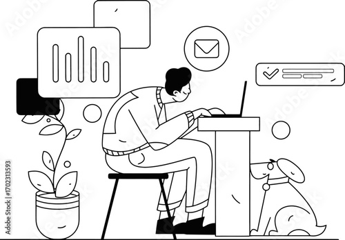 Focused designer diligently working on laptop with data charts and email notifications appearing in minimalist modern workspace, accompanied by a loyal dog companion.