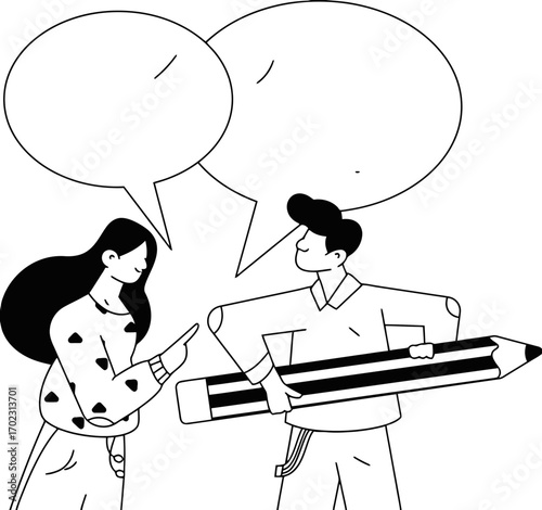 Creative collaboration sparks brilliant ideas as a focused designer shares a concept with a thoughtful colleague holding a giant pencil, symbolizing innovation and brainstorming sessions.