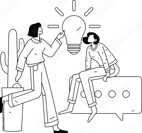 Dynamic duo collaborates to spark brilliant idea, brainstorming innovative concepts in a modern, minimalist setting, fostering creativity and team synergy for business growth.