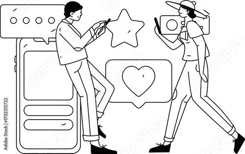 Dynamic duo engaging with digital world receiving likes and messages on modern devices for social media marketing and online communication concepts