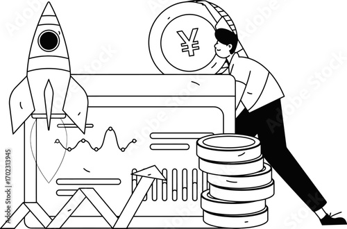 Ambitious entrepreneur launching bold financial strategy with rocket fuel and yen coins symbolizing explosive growth and investment success, driving market expansion