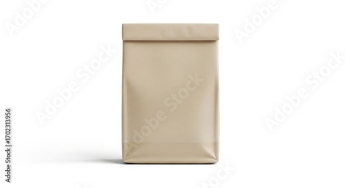 Plain Beige Paper Bag Standing Vertical on White Background for Packaging