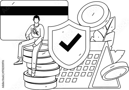 Secure your finances with confidence a person sits on a stack of coins beside a shield and calculator representing safety and prosperity in financial planning and investments