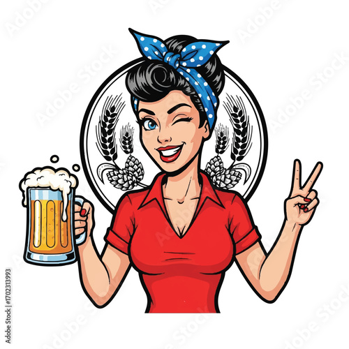 Cartoon illustration of a woman winking, holding a beer mug, and giving a peace sign.