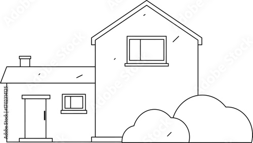 Charming minimalist line art illustration of a cozy house with a chimney, windows, a welcoming door, and lush green bushes, perfect for real estate or home decor concepts.