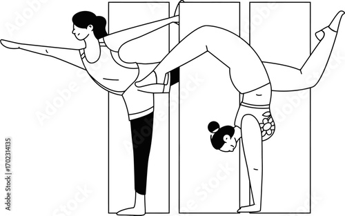 Dynamic women embrace yoga and flexibility, showcasing mindful movement and athletic grace in a modern, minimalist style perfect for wellness and fitness content.