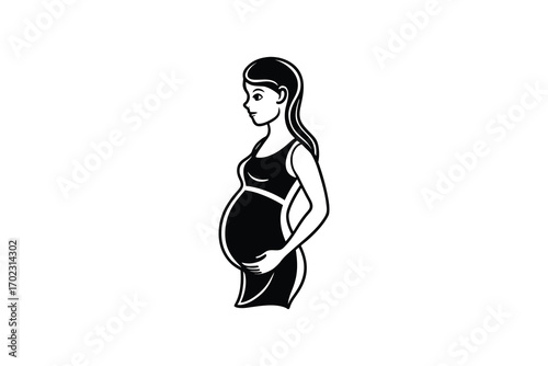 pregnant woman standing profile view with long hair silhouette