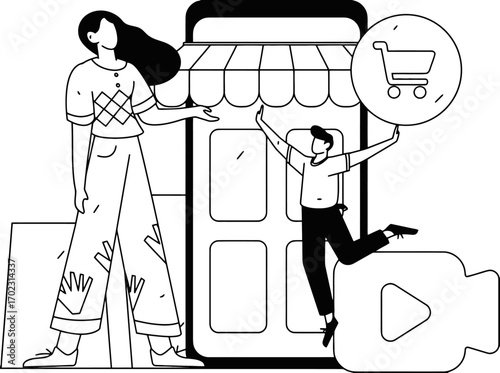 Dynamic duo celebrates online shopping success with vibrant storefront and shopping cart icon, embracing modern e-commerce trends with joy and excitement