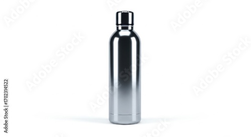 Silver Stainless Steel Water Bottle Tall Slim Reflective Surface Minimalist Design on White Background