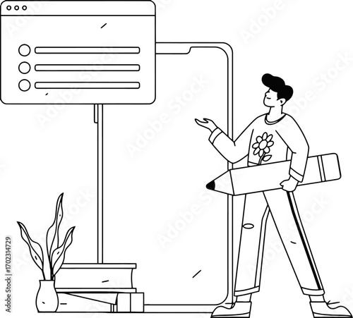 Creative young artist planning project with giant pencil and digital tablet showcasing innovative ideas for modern business growth and educational success