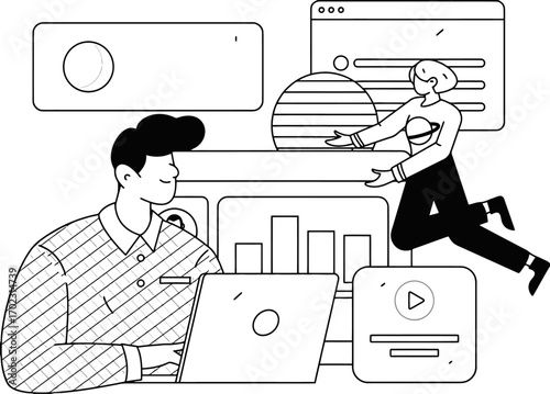 Dynamic duo collaborates on modern digital strategy presenting data insights and engaging content for innovative business growth