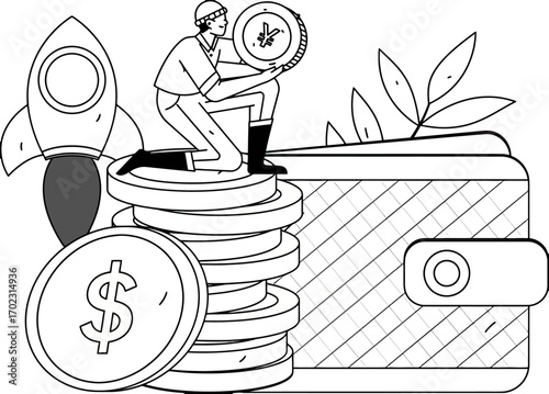 Entrepreneur builds financial success with rocket launch, stacks of cash and expanding wallet, symbolizing growth and investment opportunities globally