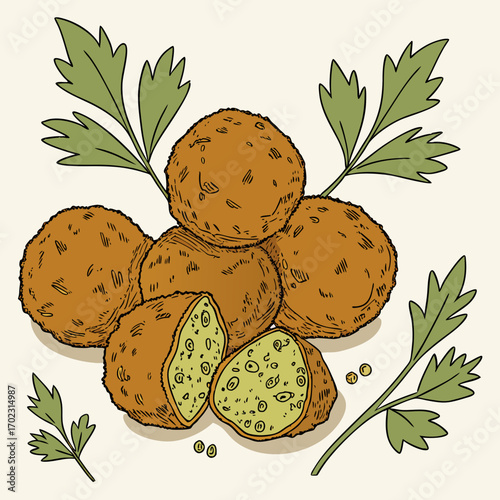 Falafel with Fresh Parsley – Traditional Middle Eastern Vegetarian Food Illustration of Crispy Chickpea Balls for Healthy Cuisine, Street Food, and Cultural Culinary Design