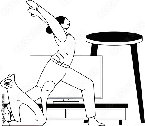 Graceful woman practicing yoga at home with her cat nearby, finding peace and balance in a modern living space, embracing wellness and mindful living.