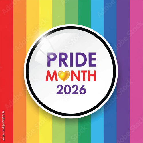 A glossy badge celebrating Pride Month 2026 set against a vibrant vertical rainbow flag background.