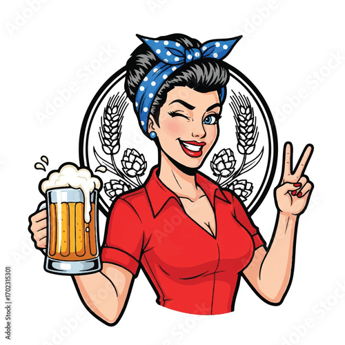 Retro pin-up woman winking, holding a frothy beer mug, making a peace sign, with wheat and hops in the background.