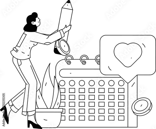 Dynamic businesswoman plans engaging content strategy with giant pencil and social media heart notification near calendar, celebrating project success and audience connection.