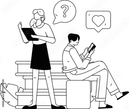Modern professionals collaborating and connecting with digital devices while receiving positive online feedback and seeking answers