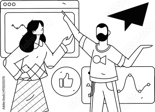 Confident business partners collaborate on digital strategy, pointing at success metrics and data visualizations for modern marketing campaigns and growth.