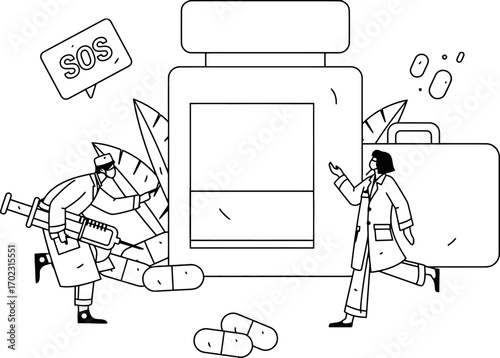 Urgent medical crisis unfolding with doctors administering aid and large pharmaceutical vial symbolizing vital treatment needs