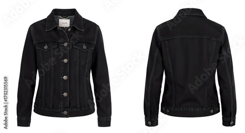 Black Denim Jean Jacket Front and Back View Isolated.