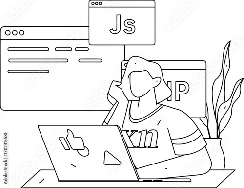 Creative coder building innovative digital solutions on laptop surrounded by programming windows and plants, embracing modern technology for business growth