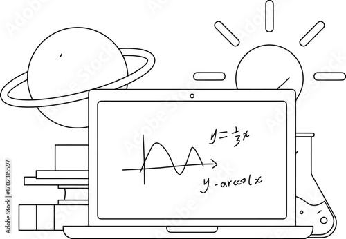 Unlocking knowledge with a laptop displaying math equations, surrounded by books, a planet, a sun, and a beaker, symbolizing education, science, and discovery.
