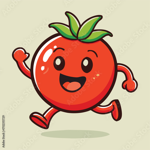 Cheerful tomato character with smiling face is running with energetic stride across the background