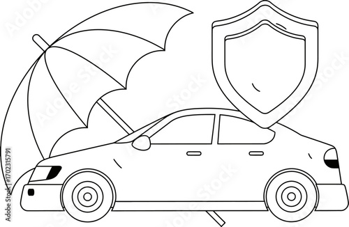 Secure your journey with comprehensive car insurance protection symbolized by an umbrella and shield safeguarding a vehicle against unforeseen risks and accidents
